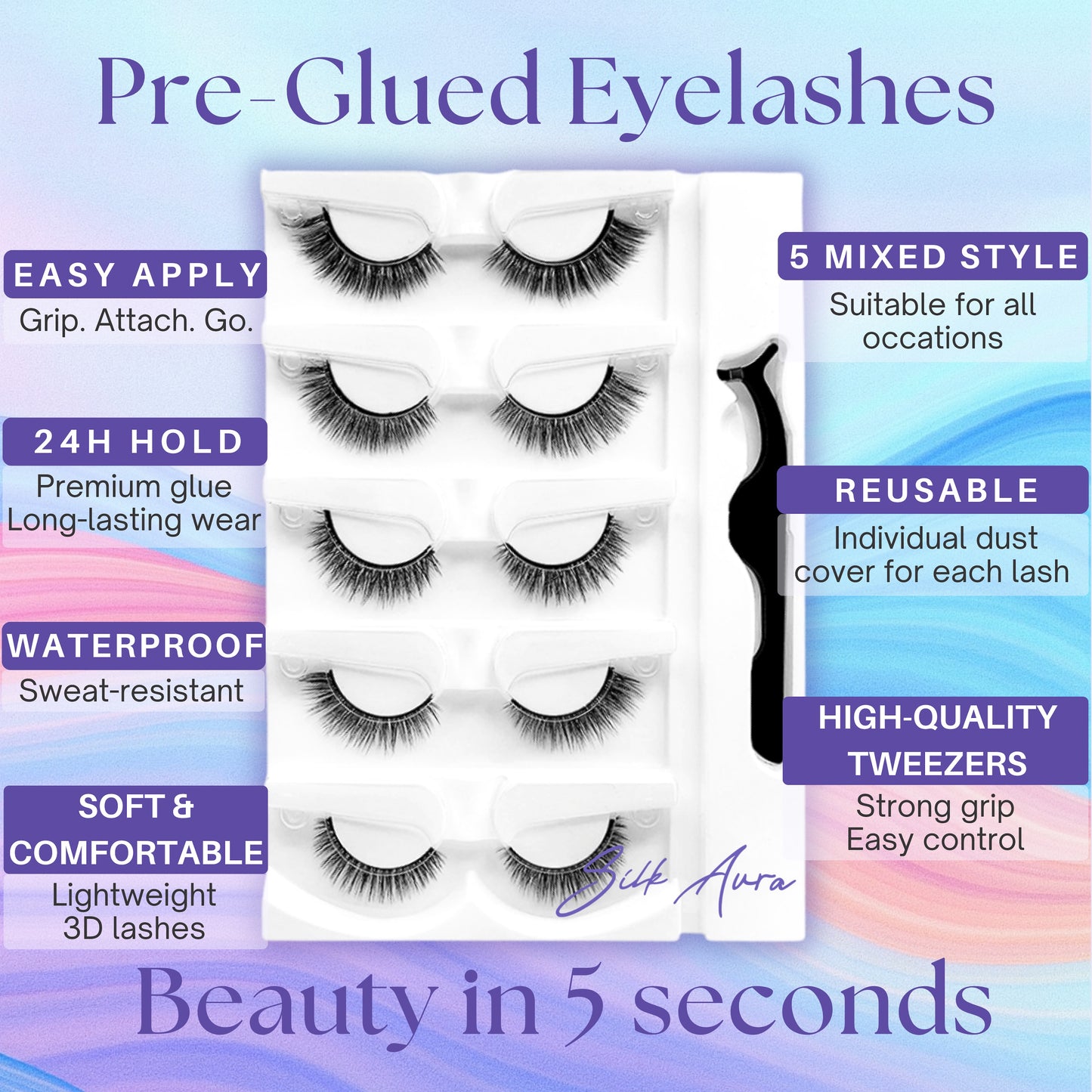 Silk Aura Self-Adhesive Pre-Glued False Eyelashes, 5 Pairs Pack