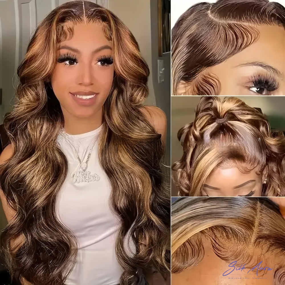 SilkAura Front Lace Body Wave Highlighted Light Brown Human Hair Wig 13x4