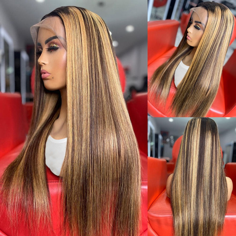Silk Aura Front Lace Straight Highlight Human Hair Wig 13x4 Side and Back