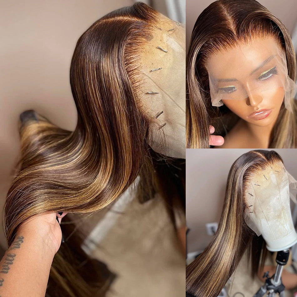Silk Aura Front Lace Straight Highlight Human Hair Wig 13x4 Side Hand Holding