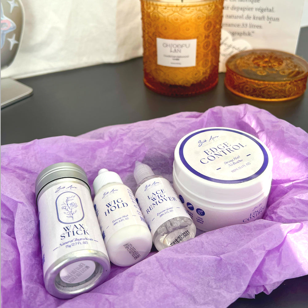 Silk Aura Best Seller FOUR IN ONE DEAL - 50%OFF - Wig Glue, Wig Glue Remover, Wax Stick, & Edge Control on the Table