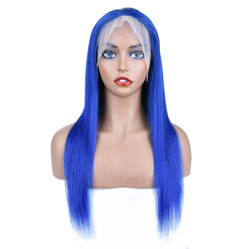 Silk Aura COLORFUL Front Lace Straight Blue Human Hair Wig 13x4
