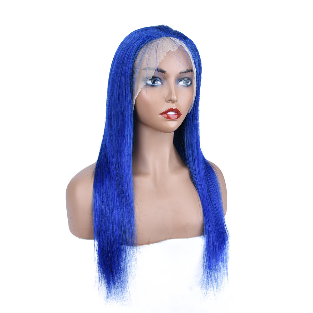 Silk Aura COLORFUL Front Lace Straight Blue Human Hair Wig 13x4 Front