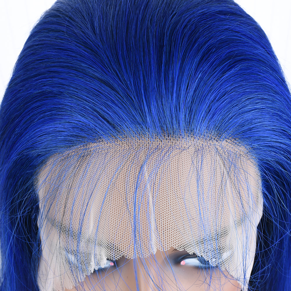 Silk Aura COLORFUL Front Lace Straight Blue Human Hair Wig 13x4 Frontal Lace