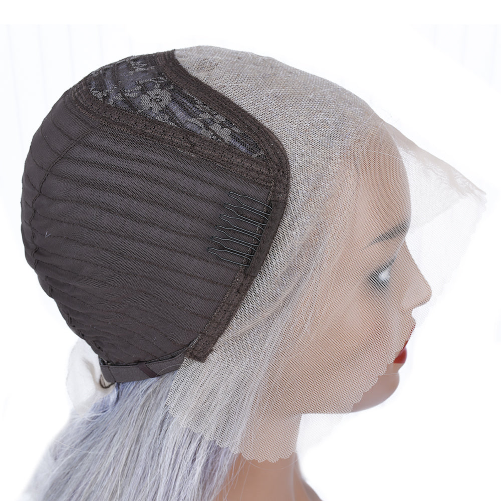 Silk Aura COLORFUL Front Lace Straight Gray Silver Human Hair Wig 13x4 Side Lace