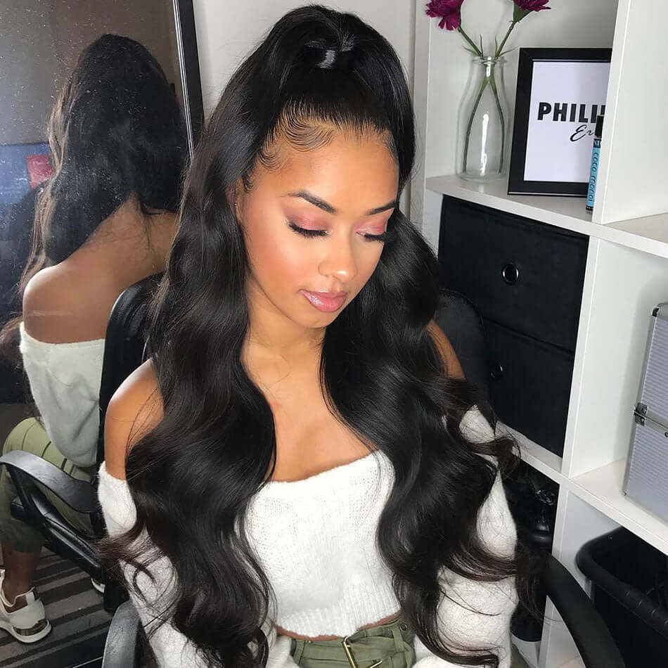 Silk Aura Front Lace Body Wave Black Human Hair Wig 13x4 Model with Wig