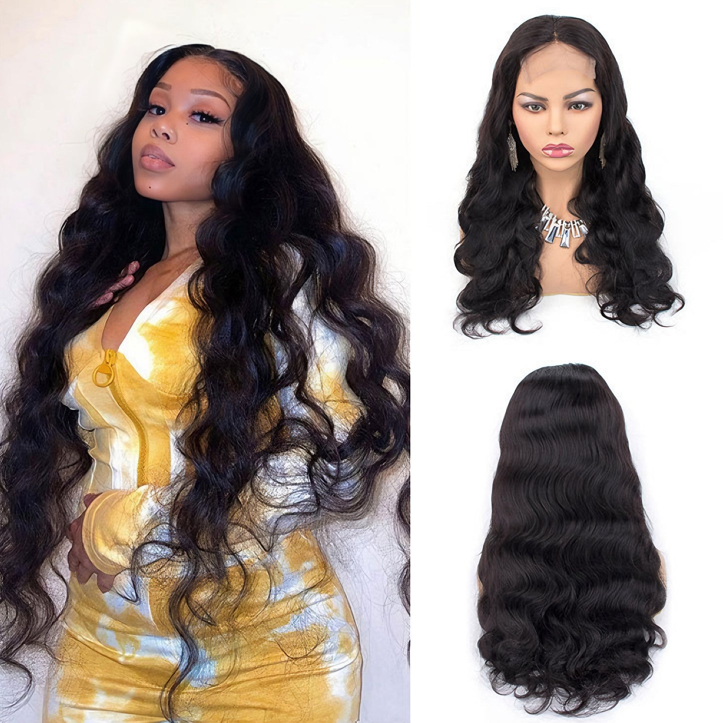 Silk Aura Front Lace Body Wave Black Human Hair Wig 13x4 Model with Wig Front and Back
