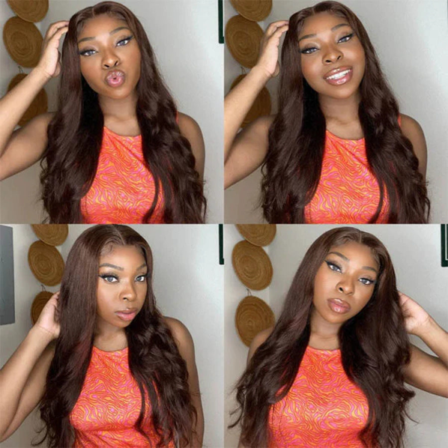 Silk Aura Front Lace Body Wave Dark Brown Human Hair Wig 13x4 Model with Wig