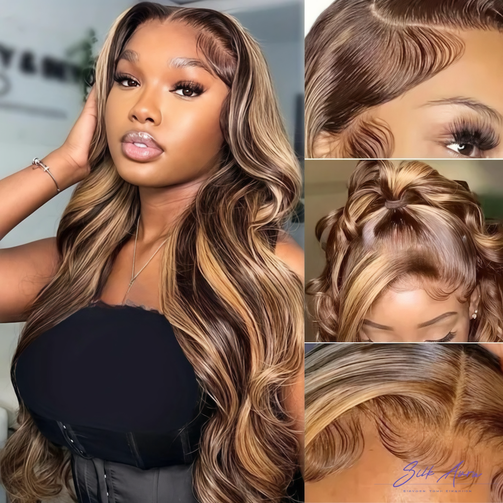 Silk Aura Front Lace Body Wave Highlighted Light Brown Human Hair Wig 13x4