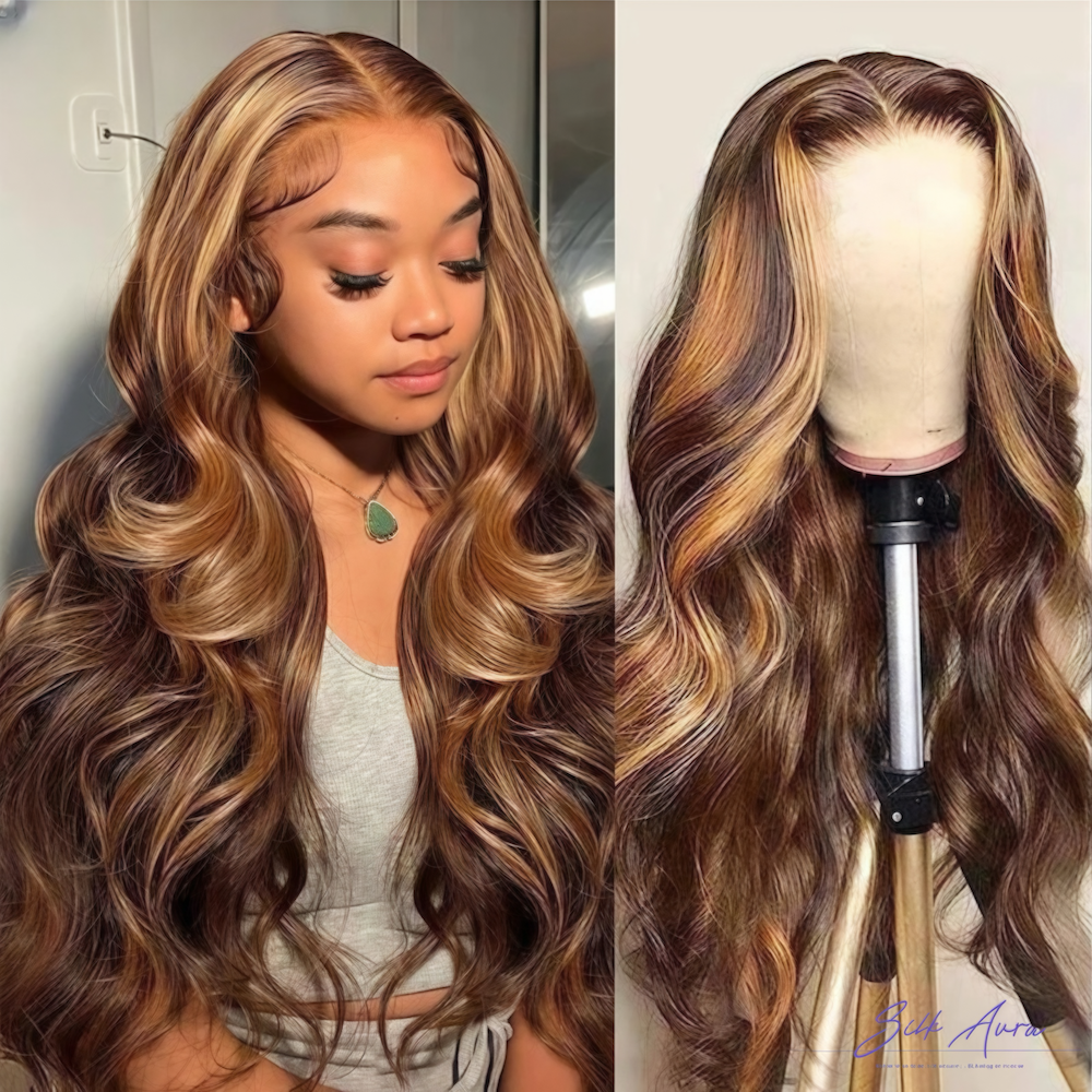 Silk Aura Front Lace Body Wave Highlighted Light Brown Human Hair Wig 13x4 Side by Side