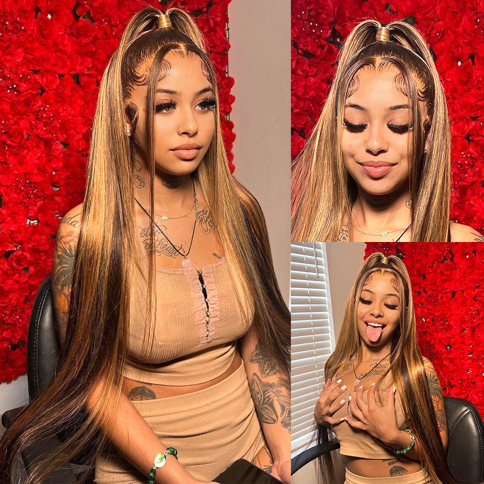 Silk Aura Front Lace Straight Highlight Human Hair Wig 13x4 Model with Wigs