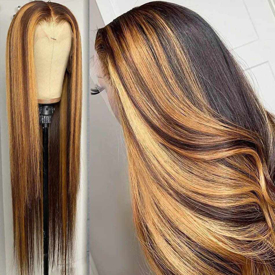 Silk Aura Front Lace Straight Highlight Human Hair Wig 13x4 Side and Front