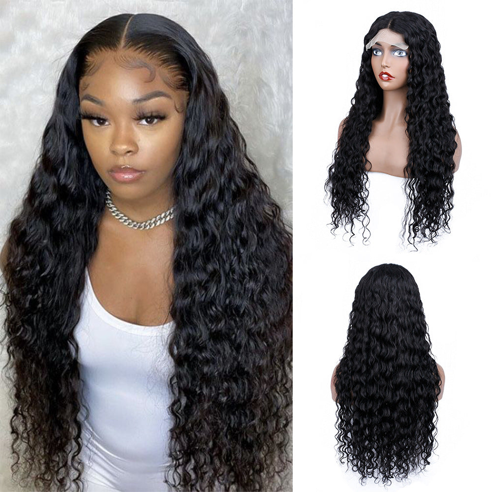 Silk Aura Front Lace Water Wave Black Human Hair Wig 13x4 Model & Wig