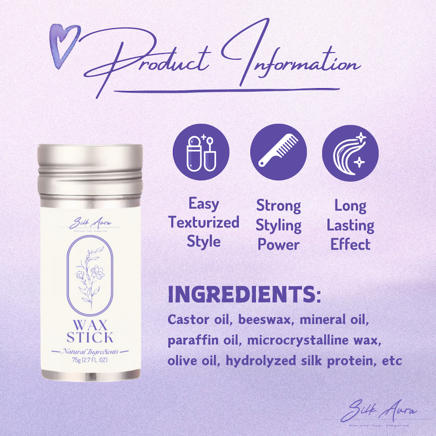 Silk Aura Hair Wax Stick, Strong Hold and Non-Greasy Styling for Baby Hair, Braids, Wigs & Edges, Smoothing Pomade Stick for Frizz Control, 75g (2.7oz) Beeswax, Castor Oil, Mineral Oil