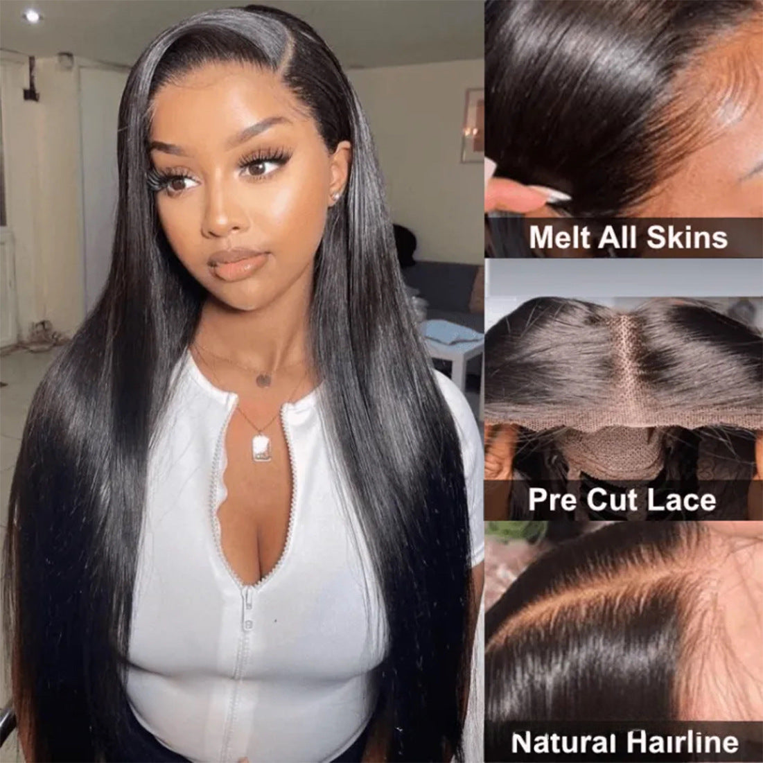 【Wear to Go】Silk Aura Pre-cut Lace Glueless Straight Black Human Hair Wig 4x4 Natural Hairline