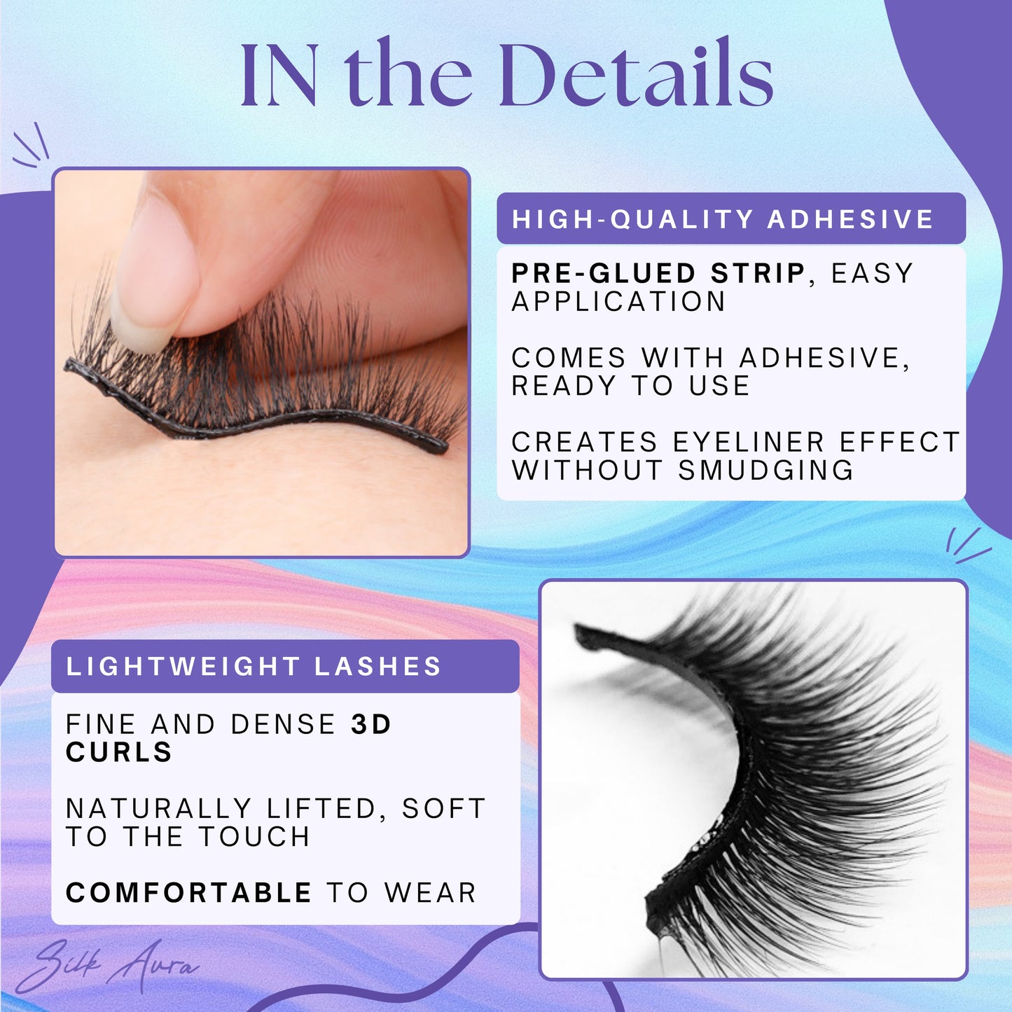 Silk Aura Self-Adhesive Pre-Glued False Eyelashes, 5 Pairs Pack