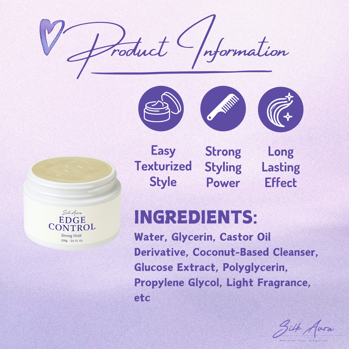 Silk Aura Edge Control Gel, Strong Hold, Non-Greasy Hair Gel for Baby Hair, Braids & Edges, Frizz Control, Suitable for Curly & Natural Hair, 100ml (3.4oz)