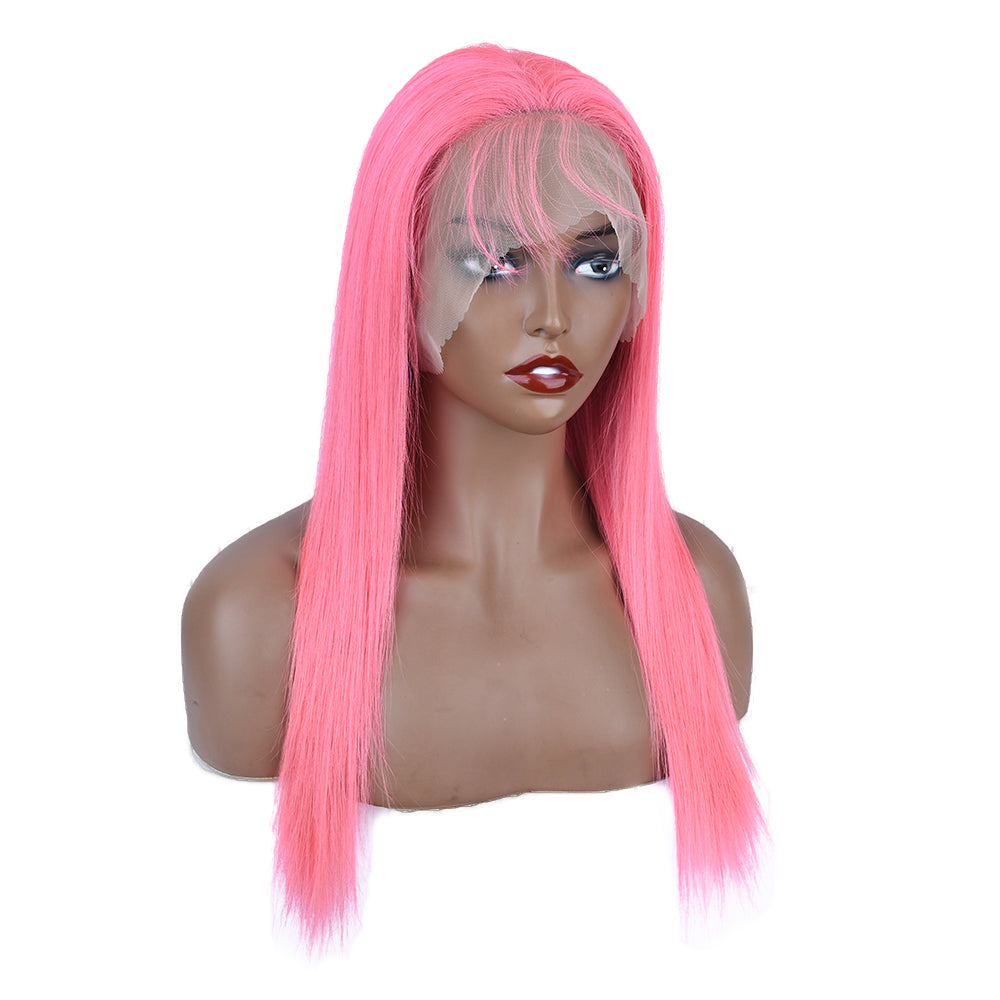 Silk Aura COLORFUL Front Lace Straight Baby Pink Human Hair Wig 13x4 Side
