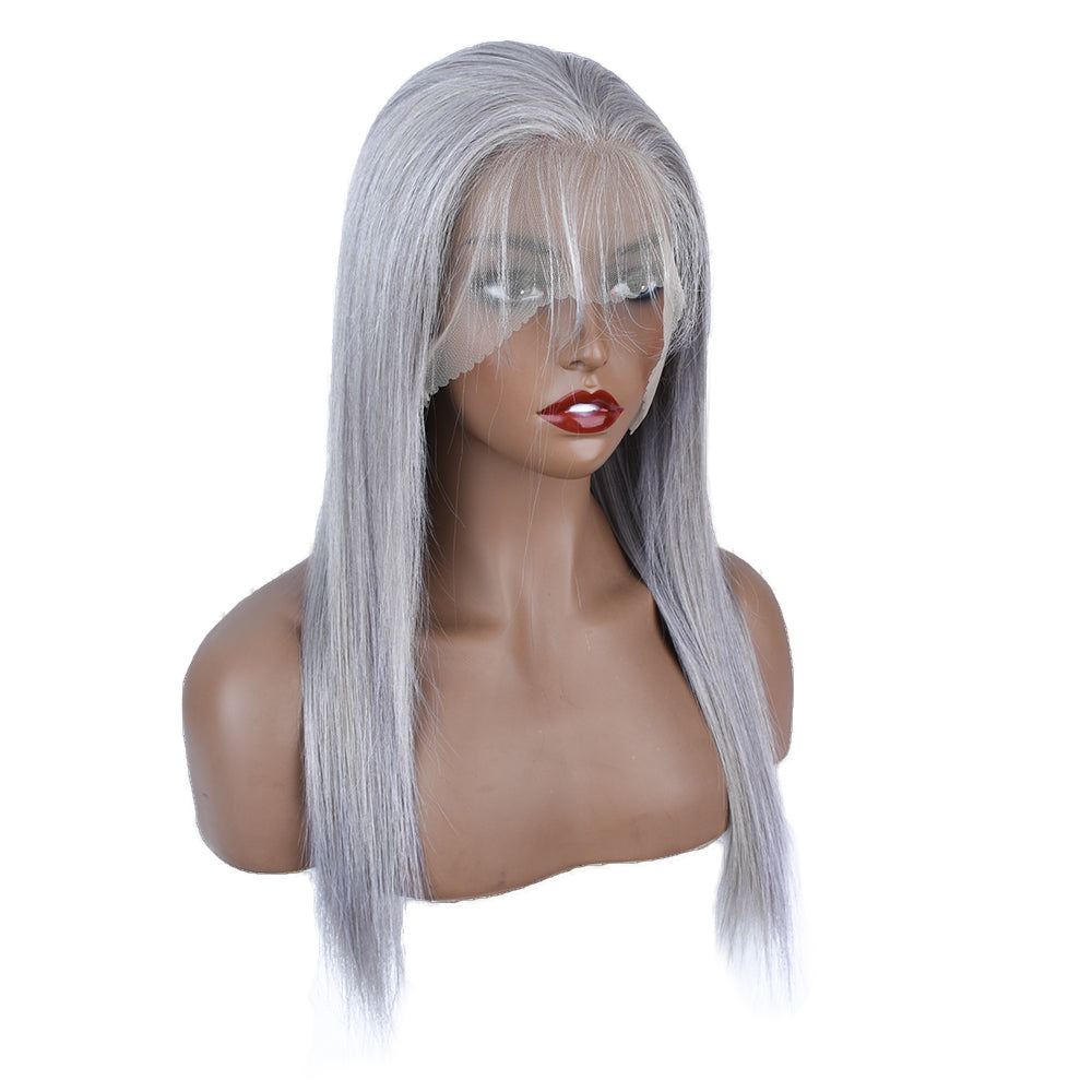 Silk Aura COLORFUL Front Lace Straight Gray Silver Human Hair Wig 13x4 Side