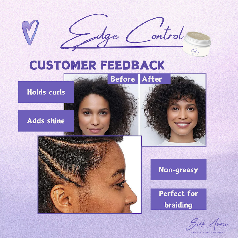 Silk Aura Edge Control Gel, Strong Hold, Non-Greasy Hair Gel for Baby Hair, Braids & Edges, Frizz Control, Suitable for Curly & Natural Hair, 100ml (3.4oz) Customer Feedback Before After Adds Shine Hold Curls