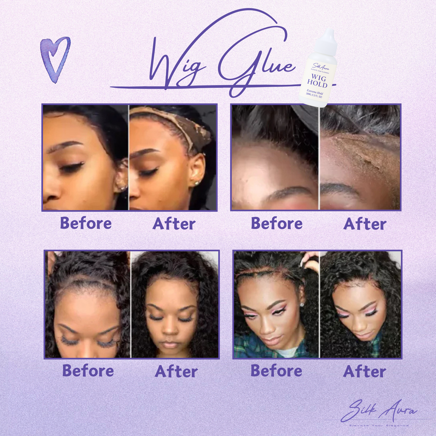 Silk Aura Lace Wig Glue, Strong Hold Hair Adhesive, Invisible Bond, Waterproof & Oil-Resistant Hair Glue for Wigs, Toupees & Hairpieces, 1.3oz (38ML)